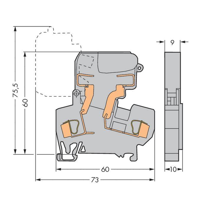 Technical drawing of a window frame cross-section with dimensions: 75.5 mm high, 73 mm wide. Detailed view of the internal structure.
