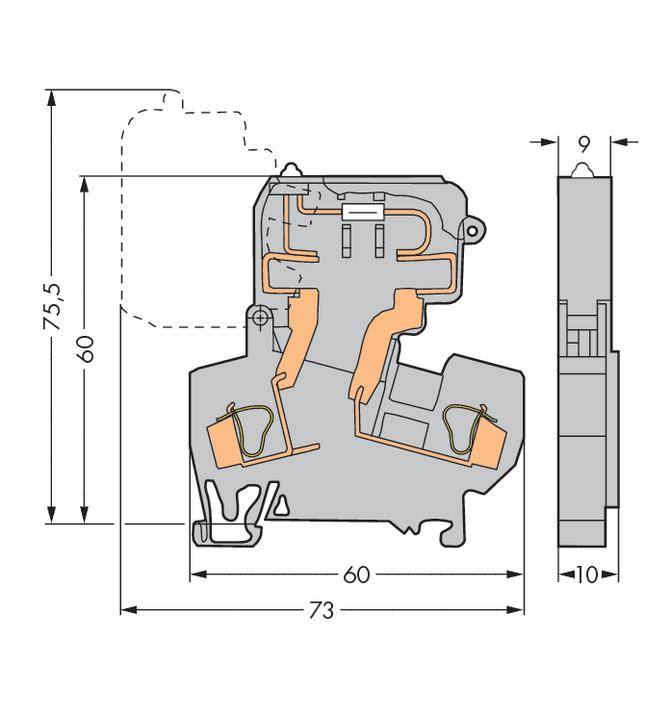 Technical drawing of an electronic component in cross-section. Dimensions are 75.5 mm high, 73 mm wide, and 10 mm deep.
