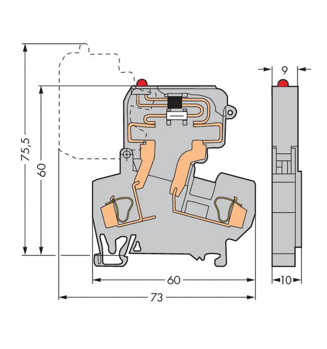Schematic representation of an electrical terminal strip profile with dimensional specifications: 73 mm width, 75.5 mm height, 10 mm depth.