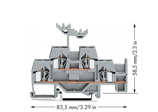 Cross-section of a grey electrical terminal block with dimensions: width 83.5 mm and height 58.5 mm.