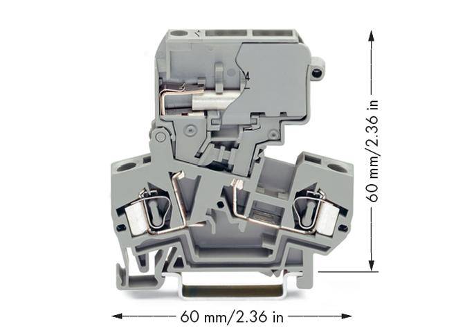 Grey isolated electrical terminal block, 60 mm high and wide.