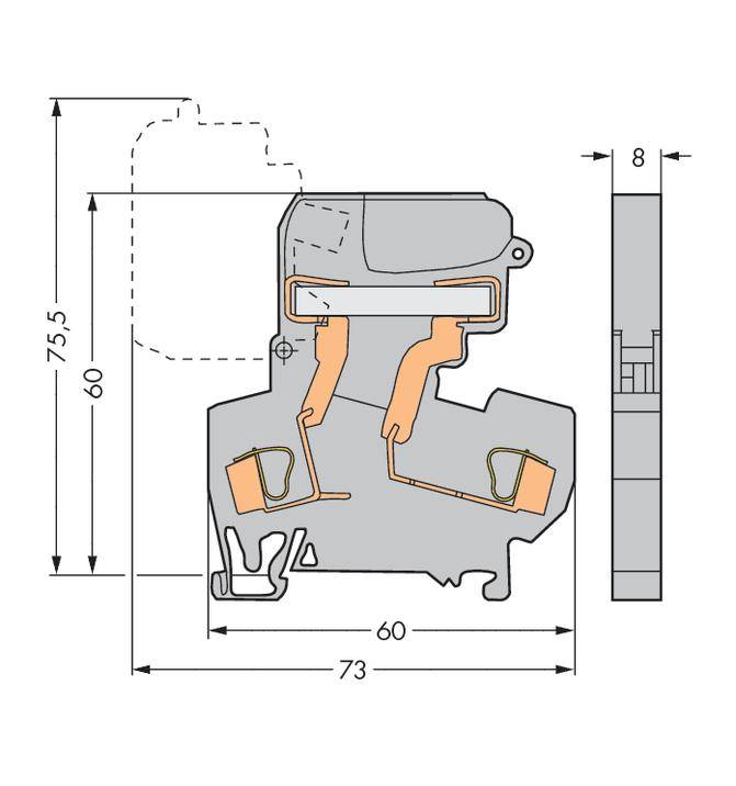 Technical drawing of a window profile with dimensions: width 73 mm, height 75.5 mm. Details of seals and frame structure visible.