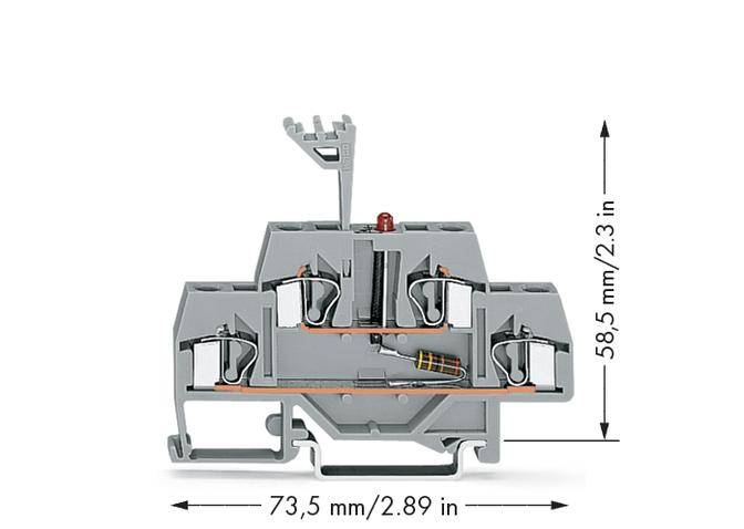 Grey electrical component with terminals, arrows indicating dimensions: 58.5 mm high, 73.5 mm wide. Suitable for industrial applications.
