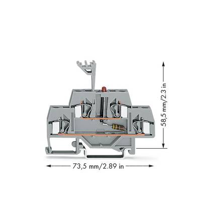 Grey electrical component with terminals, arrows indicating dimensions: 58.5 mm high, 73.5 mm wide. Suitable for industrial applications.