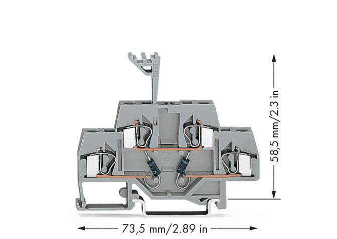 Grey-transparent terminal module, dimensions: 73.5 mm x 58.5 mm, double connection row, orange connections, side openings.
