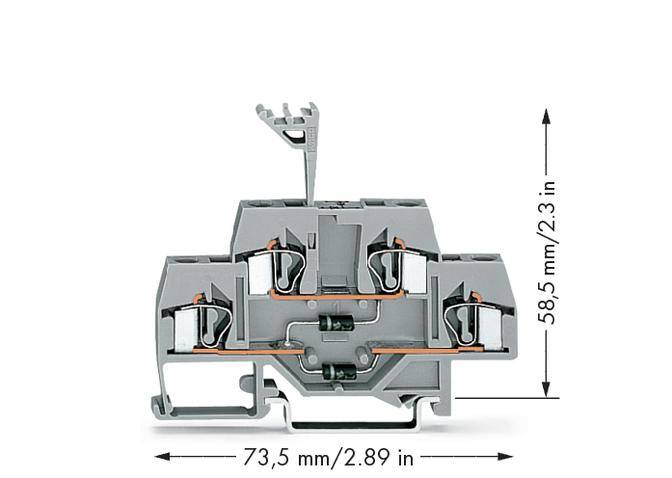 Terminal block with dimensions: 73.5 mm width and 58.5 mm height. Used for secure electrical cable connection.
