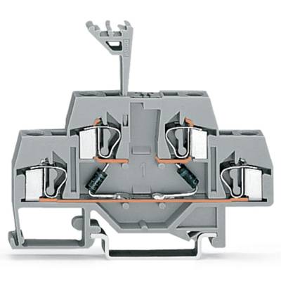 Grey terminal block with metal contacts and conductor connections, for connecting electrical lines in control panels.