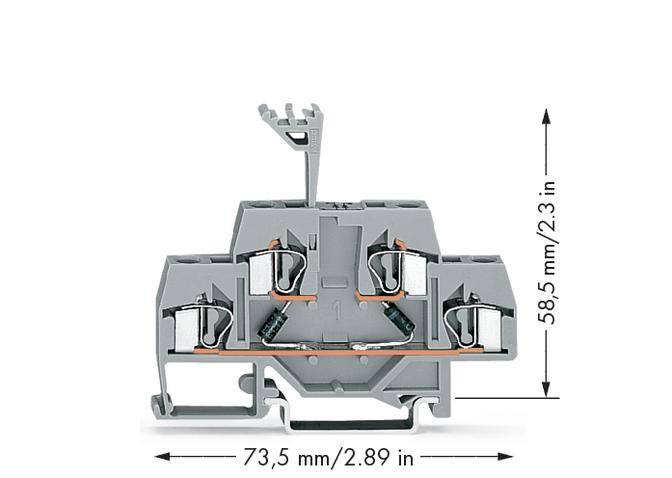 Top view of a grey, electric terminal block with dimensions 73.5 mm/2.89 inches wide and 58.5 mm/2.3 inches high.