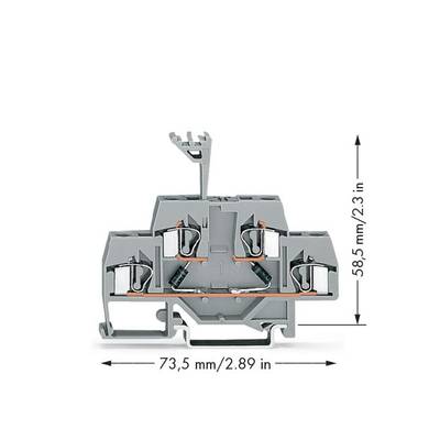 Top view of a grey, electric terminal block with dimensions 73.5 mm/2.89 inches wide and 58.5 mm/2.3 inches high.