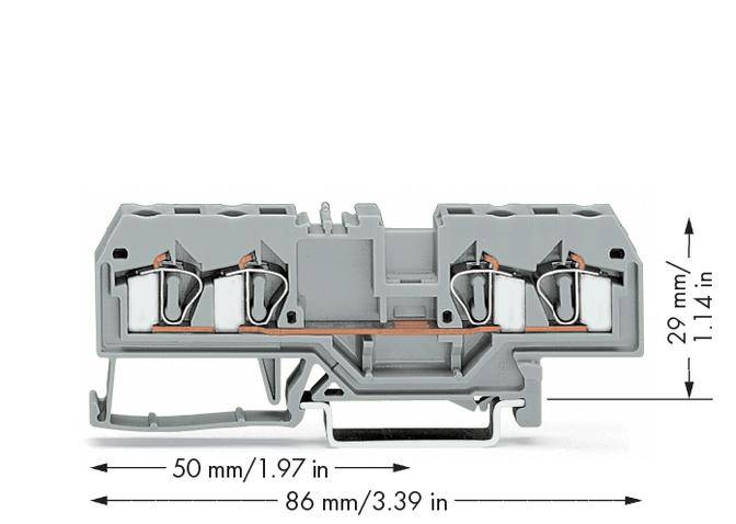 Grey-orange terminal block with four connections, 50 mm wide, 29 mm high, 86 mm long.