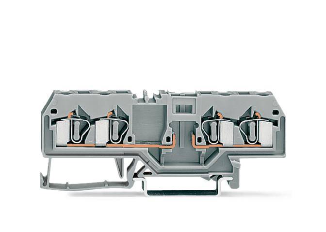 Grey, two-row terminal block system with four copper connections, suitable for electrical wiring in control cabinets.