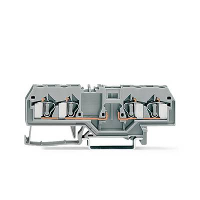 Grey, two-row terminal block system with four copper connections, suitable for electrical wiring in control cabinets.