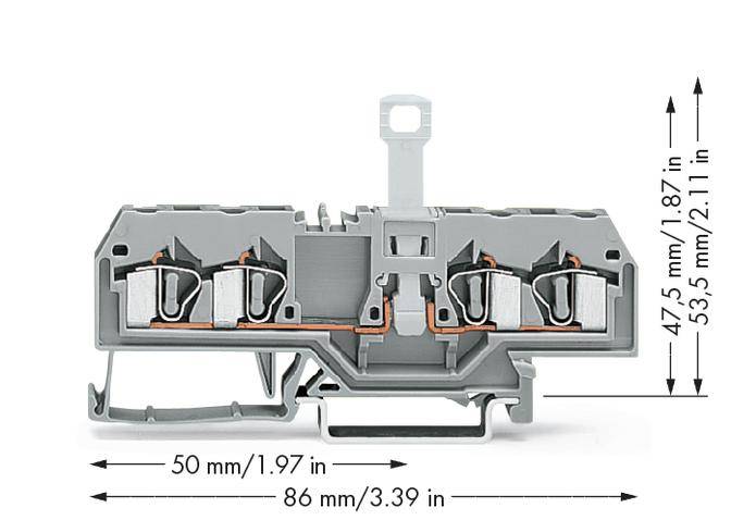Cross-section of a clamping table with dimensions: width 86 mm (3.39 inches), height 47.5 mm (1.87 inches), depth 53.5 mm (2.11 inches).