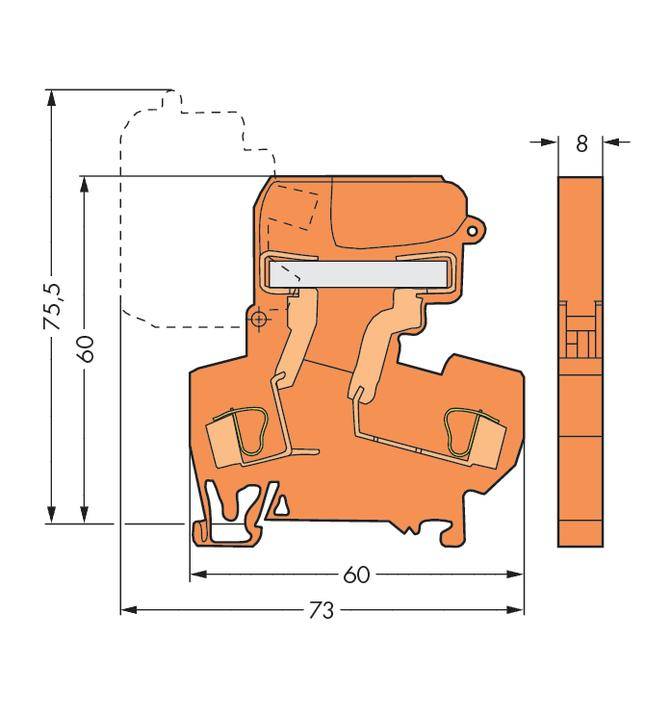 Technical drawing of a window profile with dimensions: Height 75.5 mm, Width 73 mm, Depth 8 mm. Complex internal components and external contours.