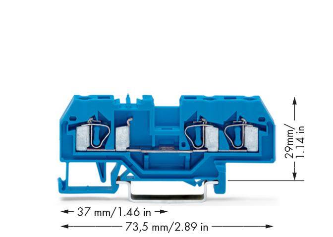 Blue electrical component with two terminals, dimensions: 37 mm x 29 mm x 73.5 mm, illustrated with arrows for clarification.