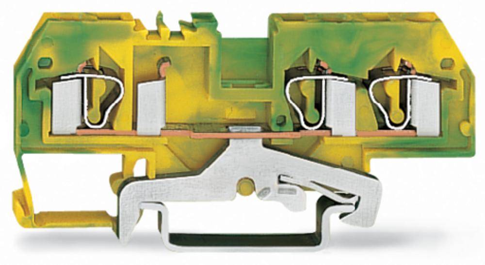 A multi-layered terminal block with a yellow and green housing, with three copper contacts visible inside.