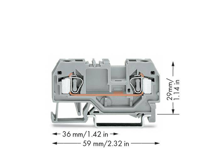 Grey-orange clip connection with dimensions: Width 36 mm/1.42 in, Height 29 mm/1.14 in, Length 59 mm/2.32 in, two clamping devices.