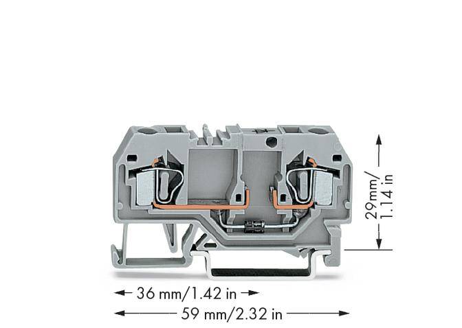 Grey plastic clip with metal contacts. Dimensions: Width 59 mm (2.32 in), Depth 36 mm (1.42 in), Height 29 mm (1.14 in) shown.