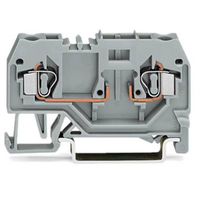 Grey electrical terminal block with two slots and copper connections, used for securely connecting electrical wires.