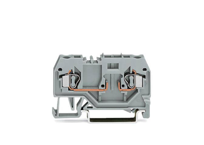 Grey, cuboid terminal block with metal components, on a white background. Serves as an electrical connection element.