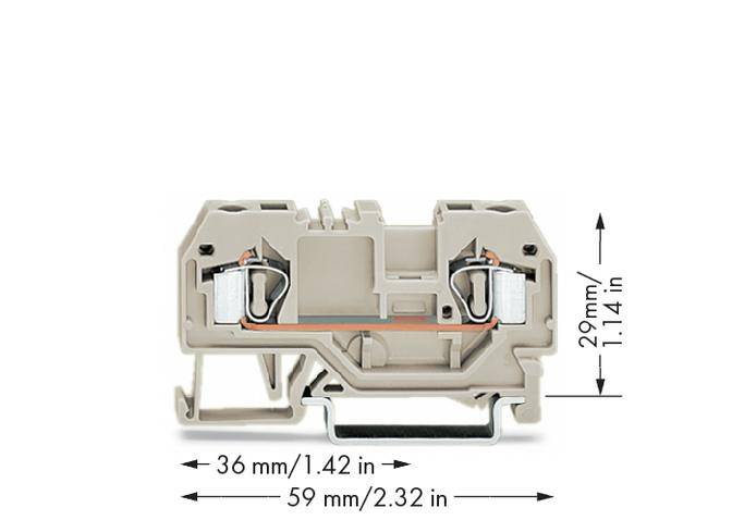 Compact grey clamp with dimensions 36 mm x 29 mm x 59 mm, suitable for electrical connections. Markings clarify the size.