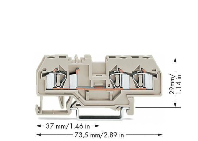 A grey electrical connection terminal with two connection points, specified dimensions (73.5 mm, 37 mm and 29 mm) and three metallic contacts.