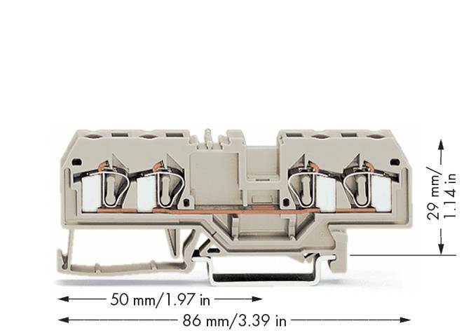Image of an electrical terminal block with dimensions: height 29 mm (1.14 inches), width 86 mm (3.39 inches), depth 50 mm (1.97 inches).