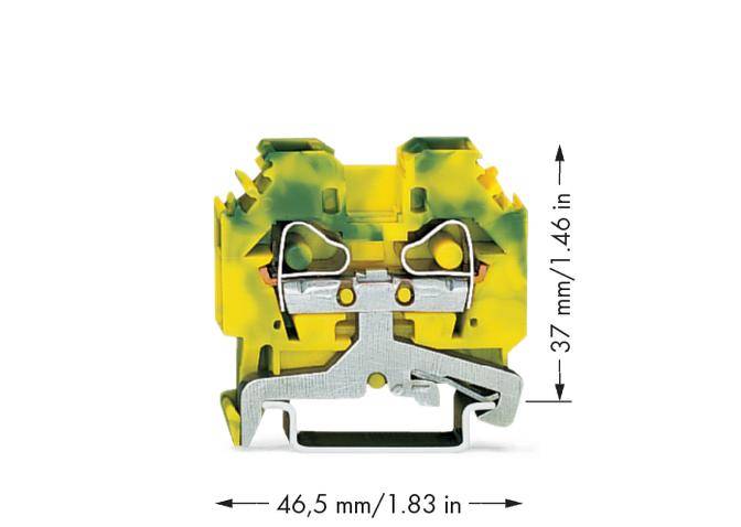 Yellow-green terminal block with dimensions: Width 46.5 mm (1.83 in), Height 37 mm (1.46 in). Main component is metal with a plastic housing.