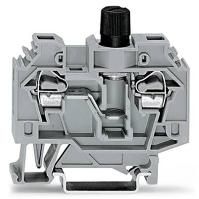 Grey terminal block with black rotary knob, metal contacts, and mounting housing, for electrical connection of multiple cables.