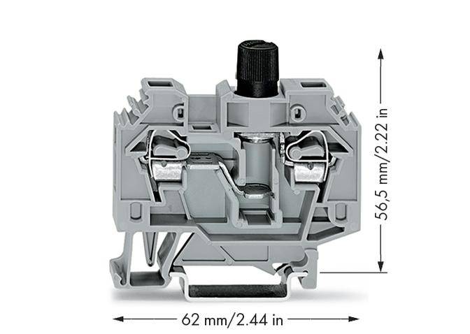 Grey electrical component surrounded by two arrows with dimensions: width 62 mm (2.44 inches), height 56.5 mm (2.22 inches).