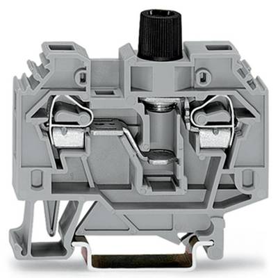 Grey-coloured clip, side view, showing the mechanism with metal elements and black screwdriver knob on top.