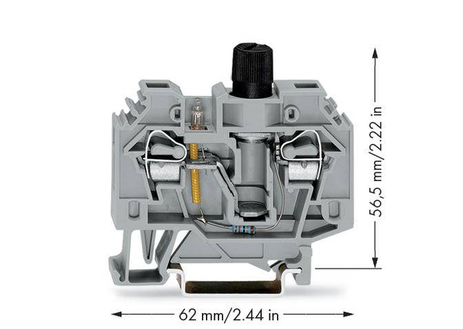 Grey electrical terminal block with two spring connections, screw terminal at the top. Dimensions: 62 mm wide, 56.5 mm high.