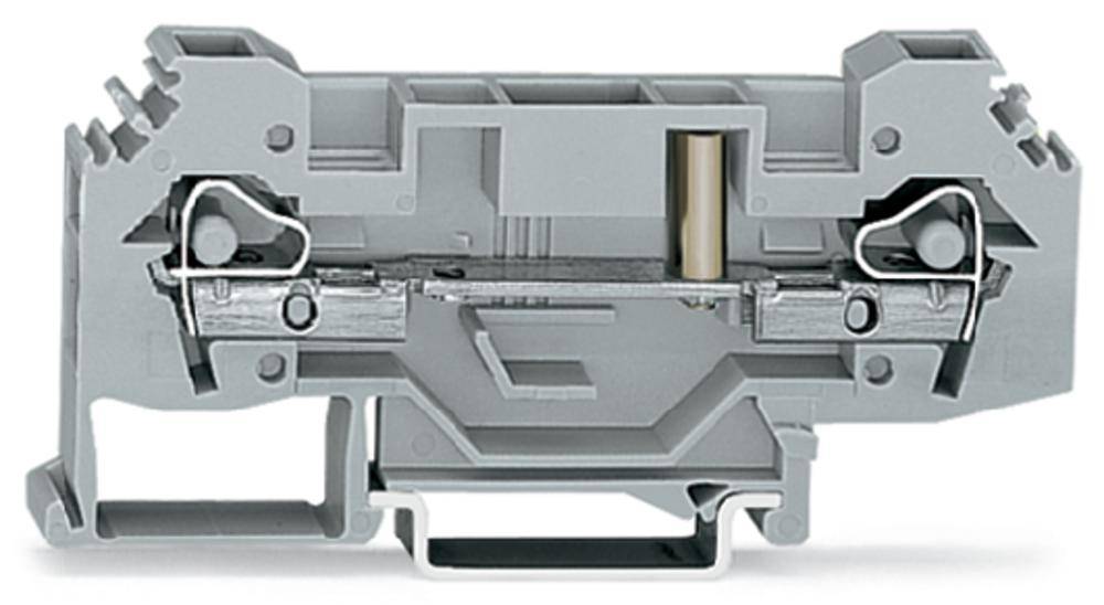 A grey electrical terminal block with screw connections, used for connecting electrical wires in control systems.