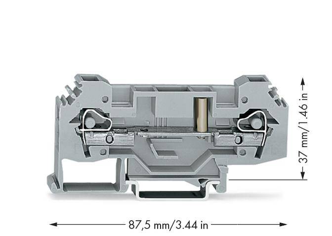 Grey clamp, measuring 87.5 mm wide and 37 mm high. Displays connections and locking mechanism.