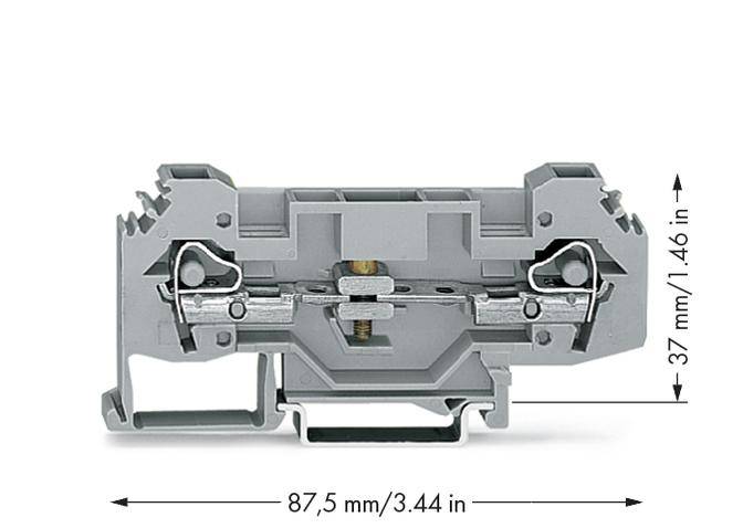 Grey insulated terminal, measuring 87.5 mm in width and 37 mm in height, displayed.