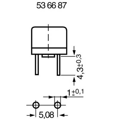 Drawing of an electrical component with dimensions: Height 4.3 mm, Width 5.08 mm, Hole spacing 5.08 mm.