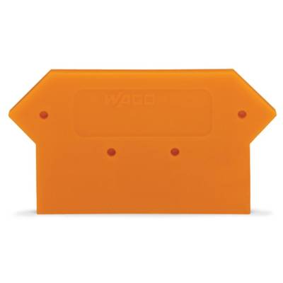Orange dividing plate with chamfered corners and three recesses, which serves for electrical insulation and organisation in a distribution box.