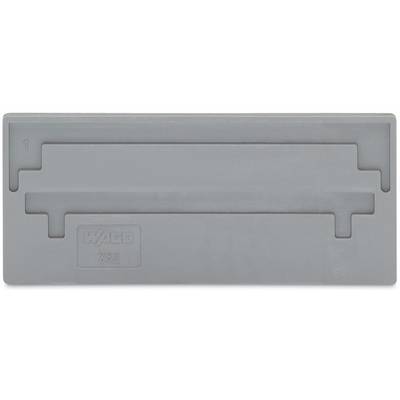 Grey rectangular plastic plate with raised edges and a recessed rectangle in the centre. Small marking in the top left corner. 'Wago' and 'MB' logo in the bottom left.