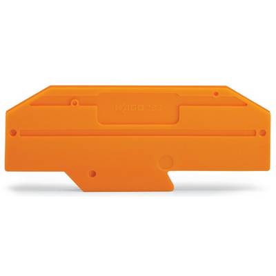 Orange plastic cover with inscription, rectangular in shape with bevelled edges. It has several recesses.