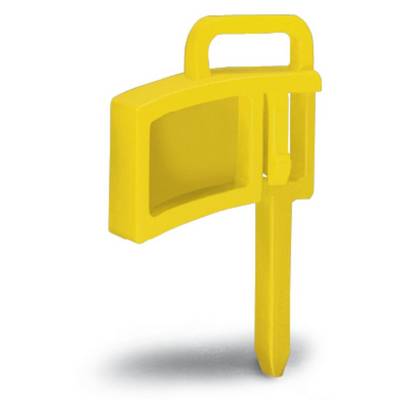 A yellow plastic bollard with a rectangular sign on top. Used for marking or as an indicator.