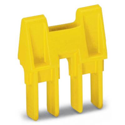 Yellow bridge plug with three parallel contacts, used for electrically connecting terminals in switching systems.