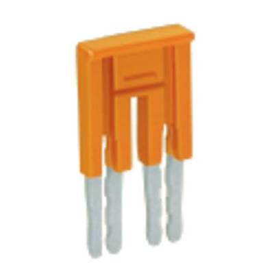 Orange safety pin with two parallel metal pins. It is used for electrical connection in circuits.