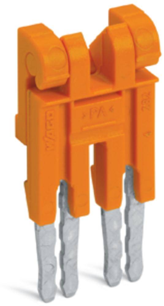 An orange plastic adapter with metal pins. It is used to provide a secure connection of electrical contacts in a plug system.