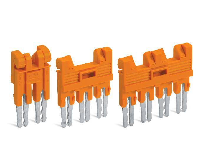Three orange-coloured connectors, each with five metal pins. They are identical and arranged in ascending order.
