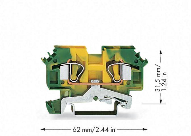 Electrical terminal block in green-yellow with dimensions: 62 mm x 31.5 mm. Primarily used for cable connection.