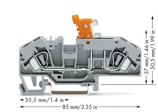 Figure of a grey connection clamp. Dimensions: Width 85 mm / 3.35 in, Depth 35.5 mm / 1.4 in, Height 37 mm / 1.46 in and 50.5 mm / 1.99 in.