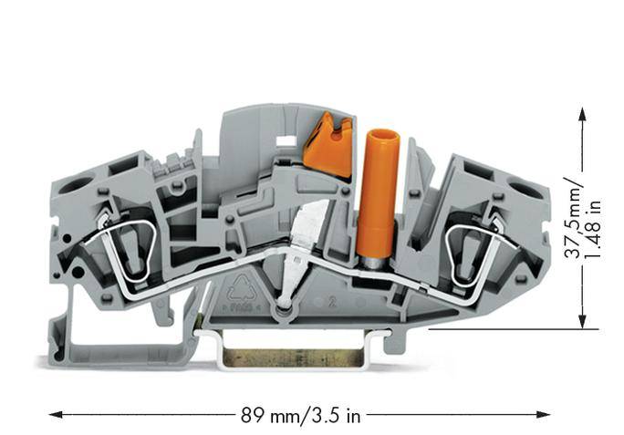 Figure of a grey terminal block with dimensions: 89 mm (width) and 37.5 mm (height). The key feature is an orange lever.
