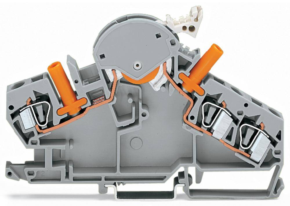 Grey electrical terminal block with orange levers and multiple connections, used for connecting cables in electrical circuits.