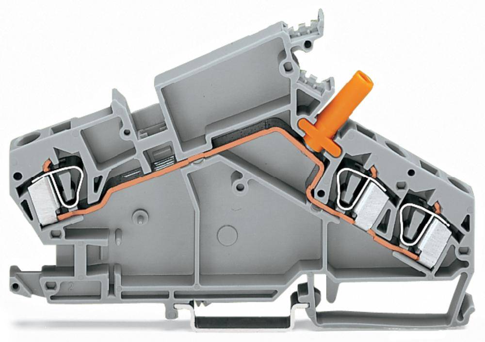 Cross-section of a grey electrical terminal block with internal view of wiring and metal contact points, showing functional mechanism.