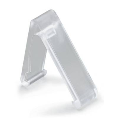 A transparent plastic A-frame stand, perfect for holding tablets or books, on a white background.